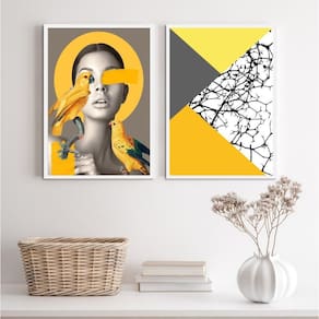 Kit 2 Quadros Cinza/Amarelo Mulher Pássaros 33x24cm