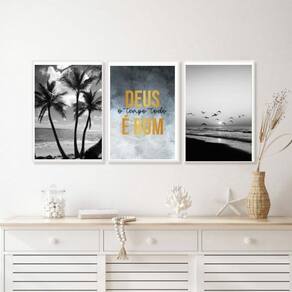 Kit 3 Quadros Praia Deus É Bom Preto E Branco 33X24Cm Vidro