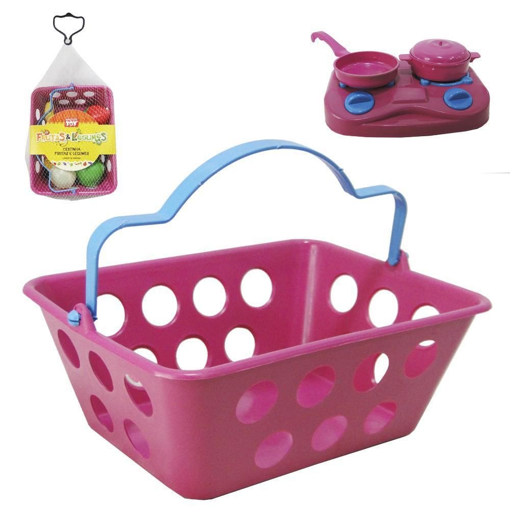 Kit Cozinha Infantil Com Cesta + Fogão E Acessórios 5 Pecas