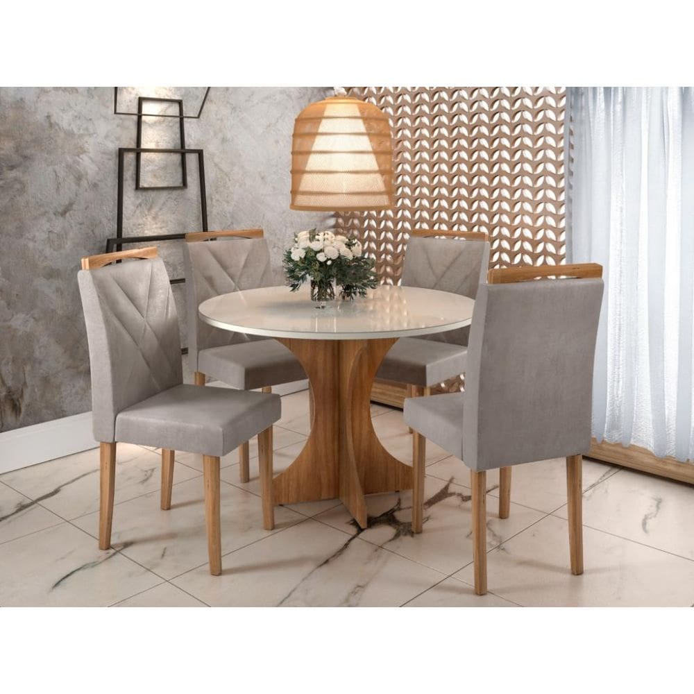 Mesa de Jantar Redonda / Circular com 4 Cadeiras Califórnia / Sienna – Cinamomo/Off white/Avelã