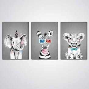 Quadro Infantil Leao Elefante Zebra Para Crianças 3 Peças