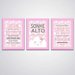 Quadro Sonhe Alto Minha Pequena 3 Peças Rosa