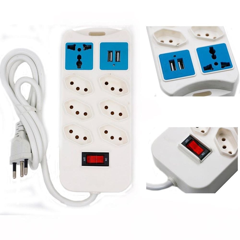Régua De Energia Com 7 Tomadas 2 Usb Branco Bivolt 110V/220V