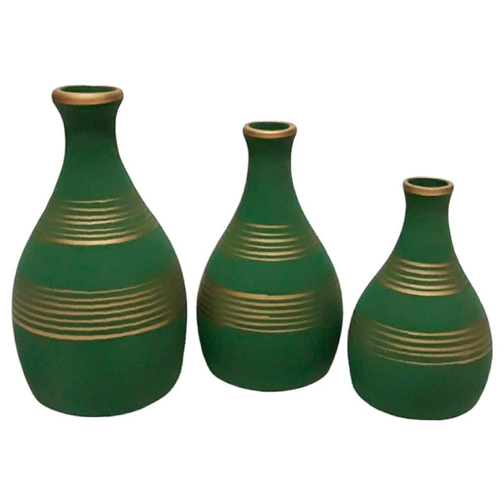 Trio Vasos Garrafas Em Cerâmica Fosca De Sala Green Gold