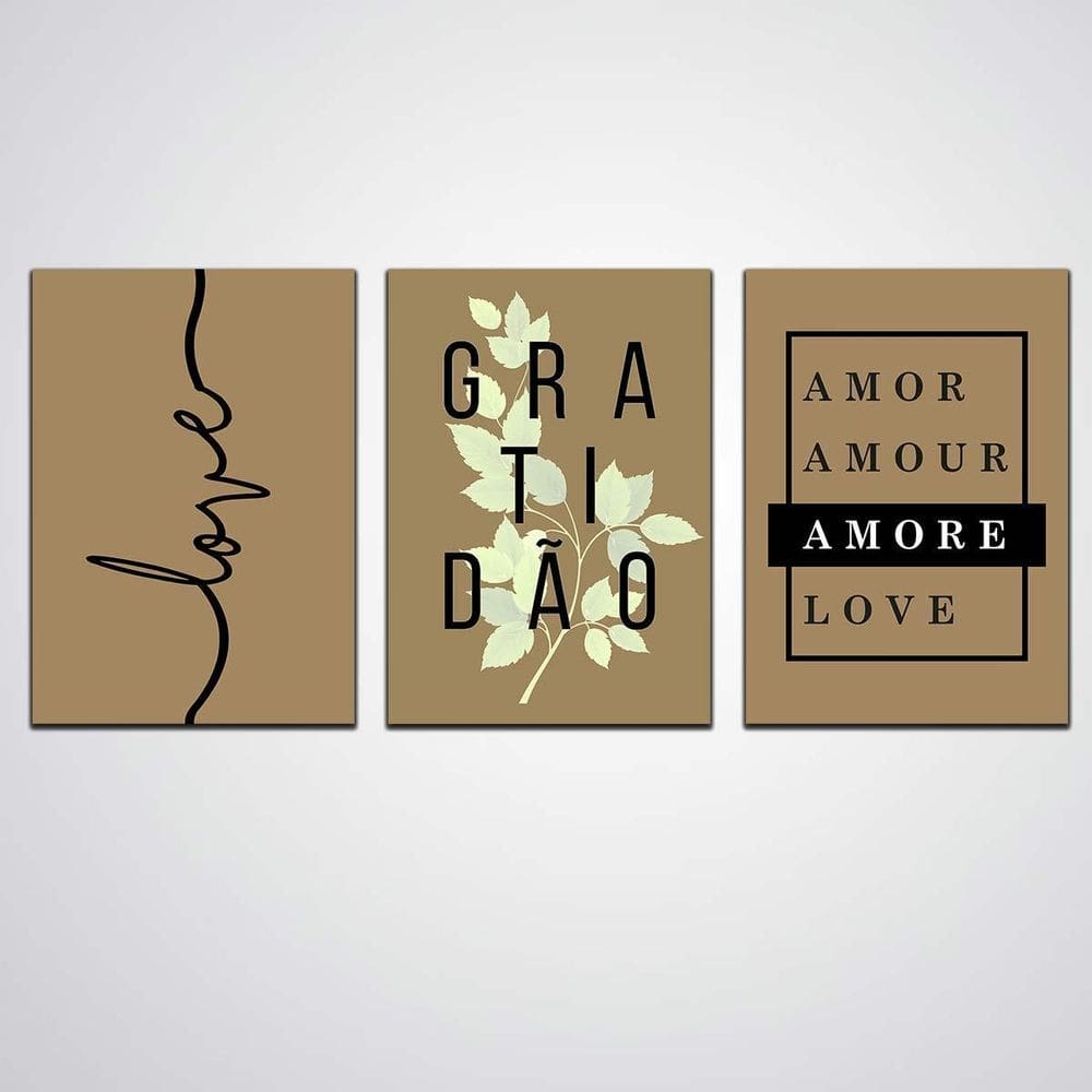 Quadro Decorativo 3 Peças Love Gratidão Em Madeira 30X20