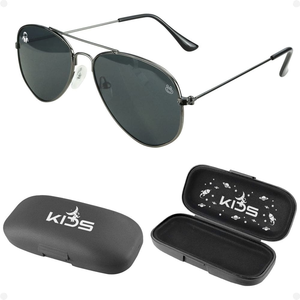 Óculos Infantil Proteção UV Sol Menino Aviador Preto + Case Acetato Presente Social Criança