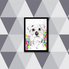 Quadro Decorativo Desenho Schnauzer 34x23cm - Moldura Branca