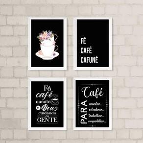 Kit 4 Quadros Cantinho do Café Preto 45x34cm c/ Vidro