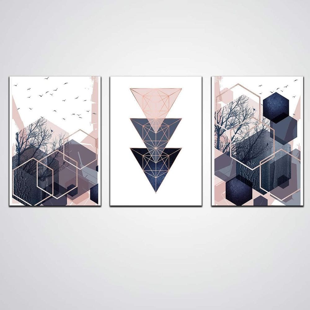 Quadro Decorativo 3 Peças Abstrato Rosa E Preto