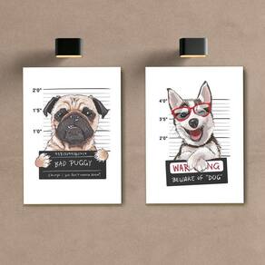 Kit 2 Placas Decorativas Cachorros Wallze 21x30cm