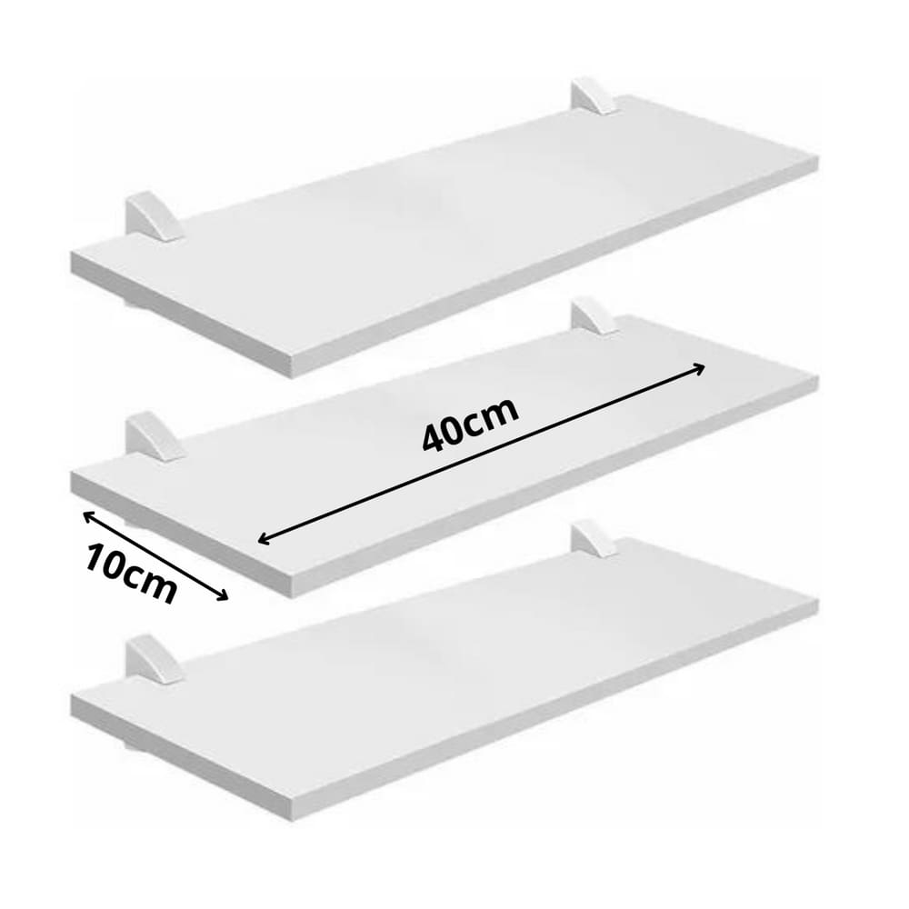 Kit 3 Prataleiras de Madeira Brancas 1,5x10x40cm com Bucha