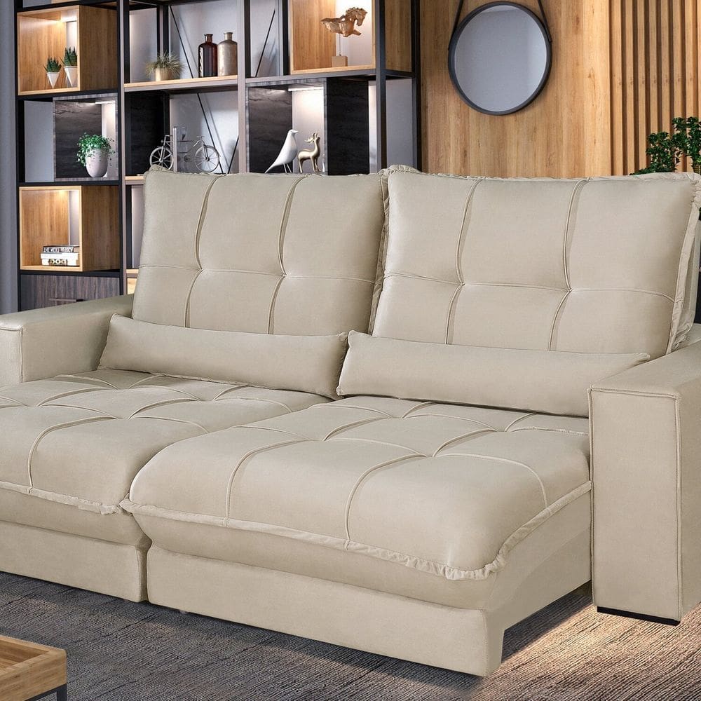 Sofá Retrátil e Reclinável Thor - Molas Ensacadas 210 Cm – Veludo Bege/Marfim