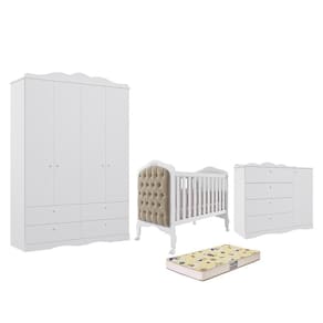 Dormitório Encanto Guarda Roupa, Cômoda e Berço Harmonia com Capitonê e Colchão Supreme - Permóbili Baby