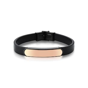 Pulseira Masculina Em Courino Preto Placa Lisa Em Aço Rose