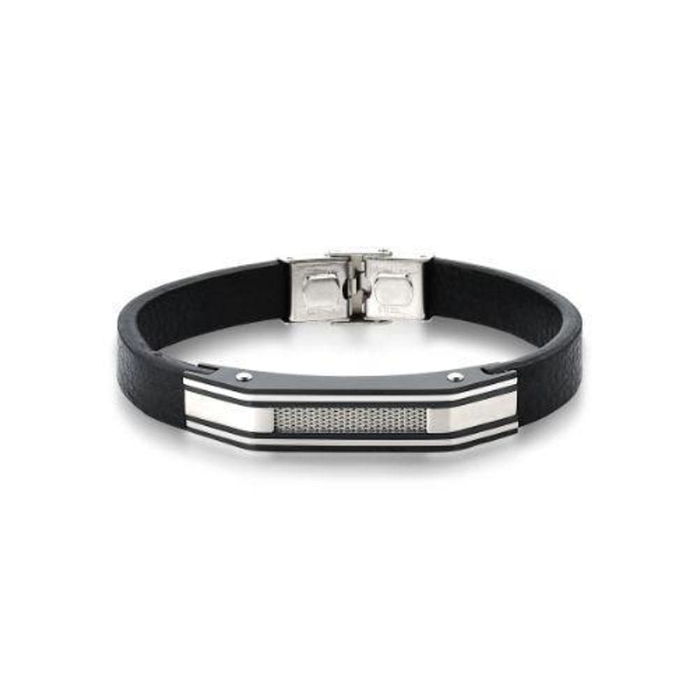Pulseira Masculina Com Courino Em Placa Trabalhada Em Aço