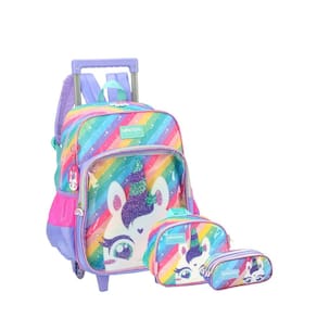 Kit Escola Unicórnio Luxo Mochila Rodas Lancheira Estojo Ll