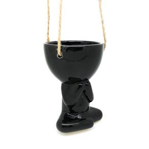 Vaso Cachepô Pendente Em Cerâmica Bob Homenzinho Preto Md1