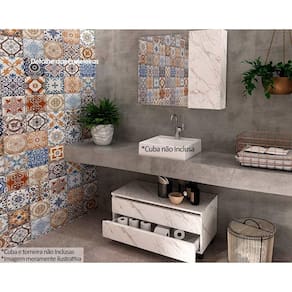 Conjunto de Banheiro Balcão c/ Rodizios BN3603 s/ Cuba 80cm e Armário c/ Espelho BN3602 cor Mármore Branco - Tecno Mobili