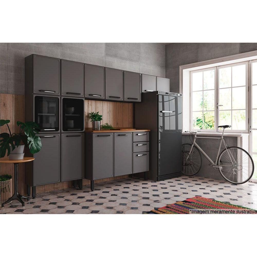 Kit de Cozinha Completa 4 Peças Estilo (2 Armários + 1 Balcão + 1 Paneleiro) C4P107 Cinza/Grafite - Bertolini
