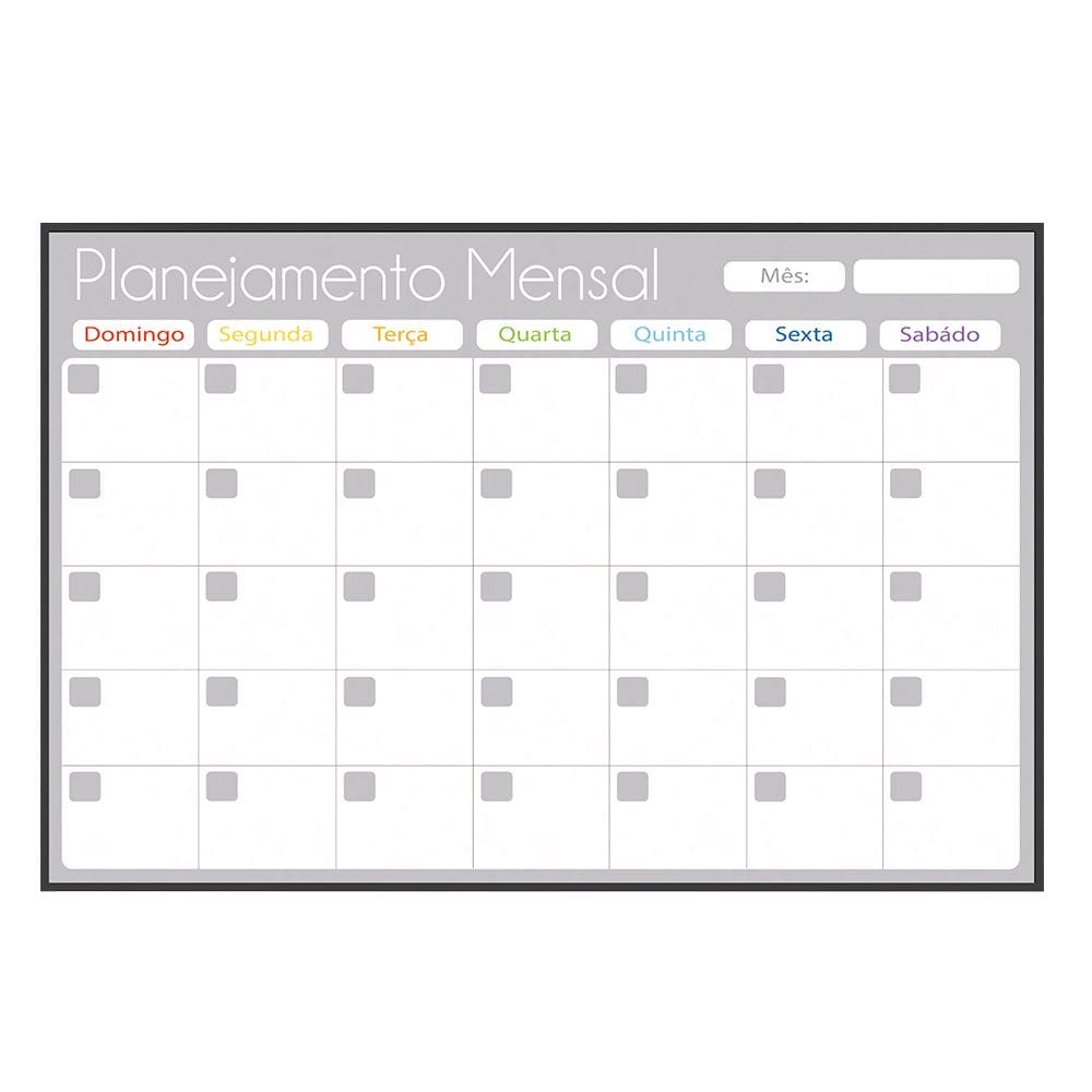 Quadro Planner 60x40 cm Semanal Light e Mensal Gray Moldura Madeira Preto