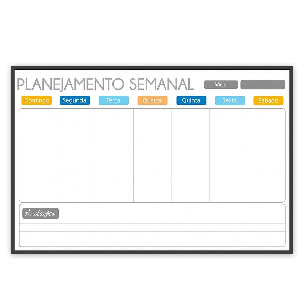 Quadro Planner 90x60 cm Semanal Light e Mensal Gray Moldura Madeira Preto
