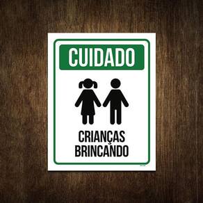 Placa De Sinalização - Cuidado Crianças Brincando 18X23