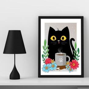 Quadro Gato com Caneca Café 33x24cm - Vidro, Moldura Preta