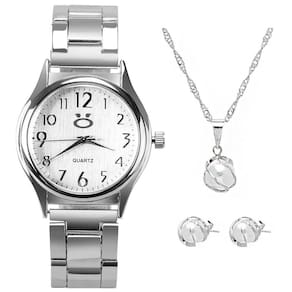 Relogio Feminino Prata Aço Inox + Colar Brincos + Caixa
