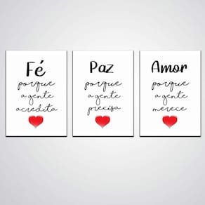 Kit Quadros Decorativos Fé Paz Amor 3 Peças