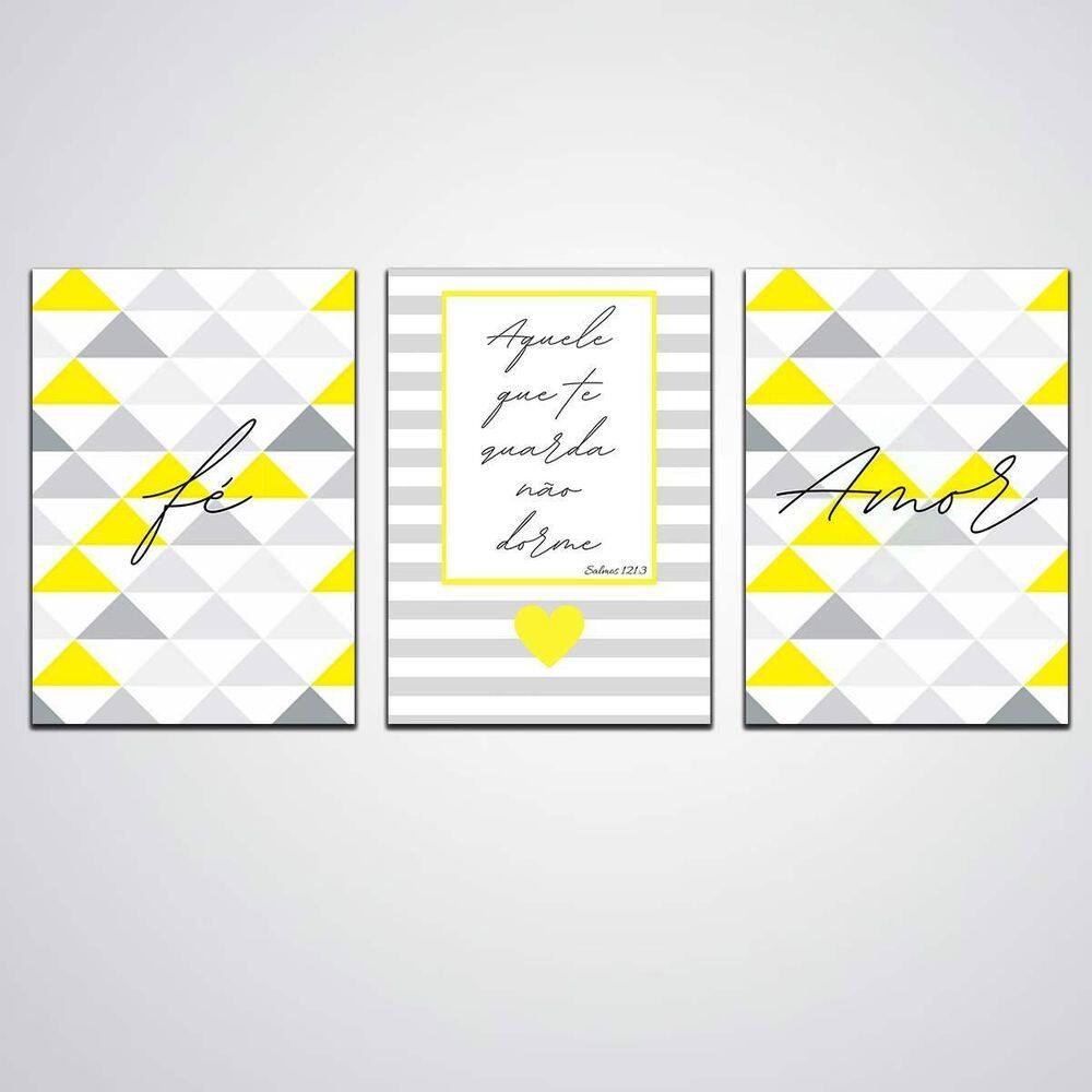 Quadro Decorativo 3 Peças Fé Amor Amarelo