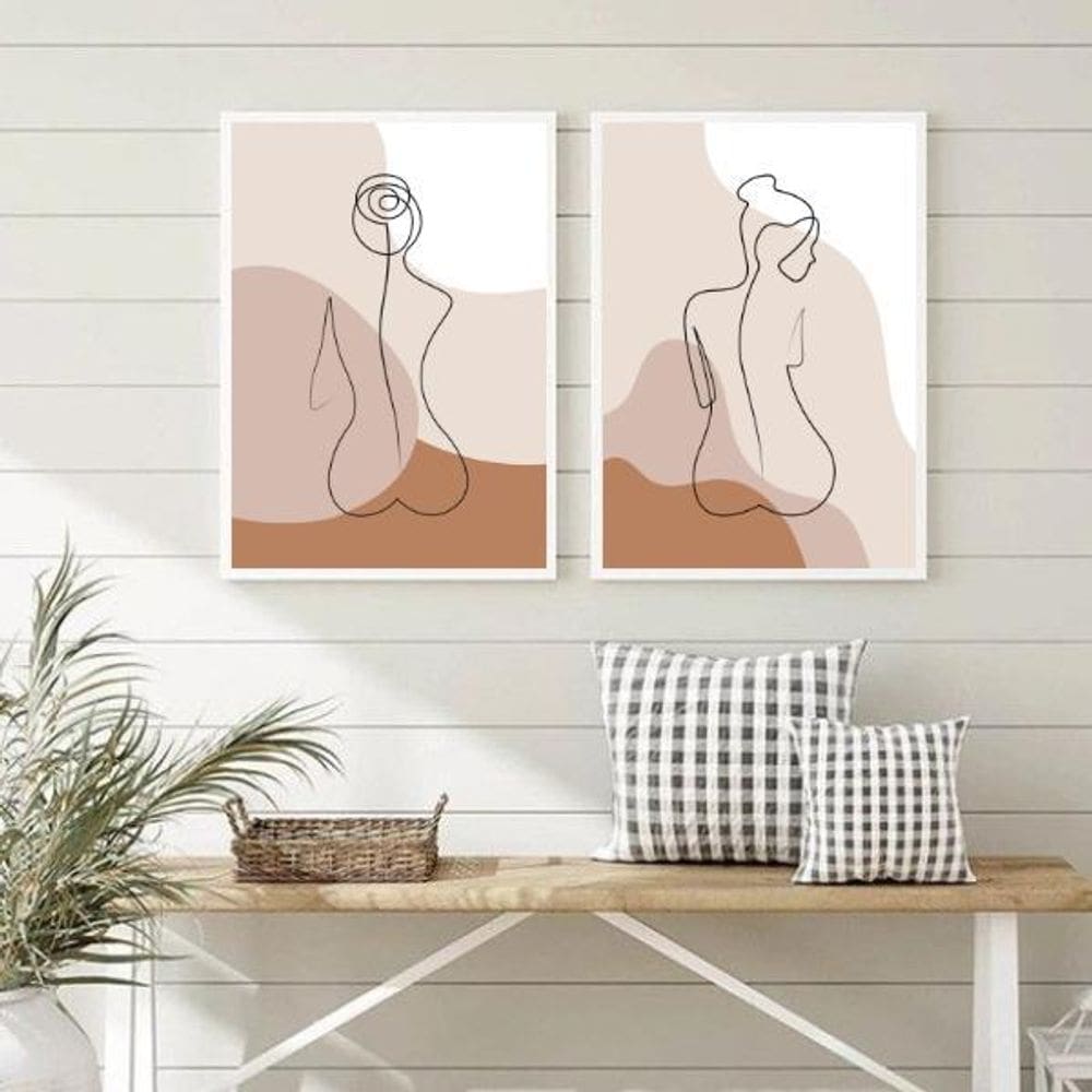Kit 2 Quadros Nús Bege 33x24cm - Moldura Preta