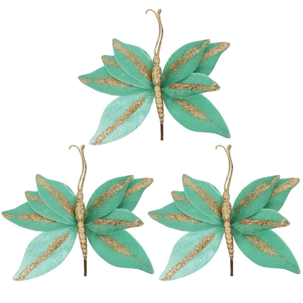 Kit 3 Borboletas Flor Pick Natal Veludo Verde e Glitter Dourado 20cm - Art Christmas