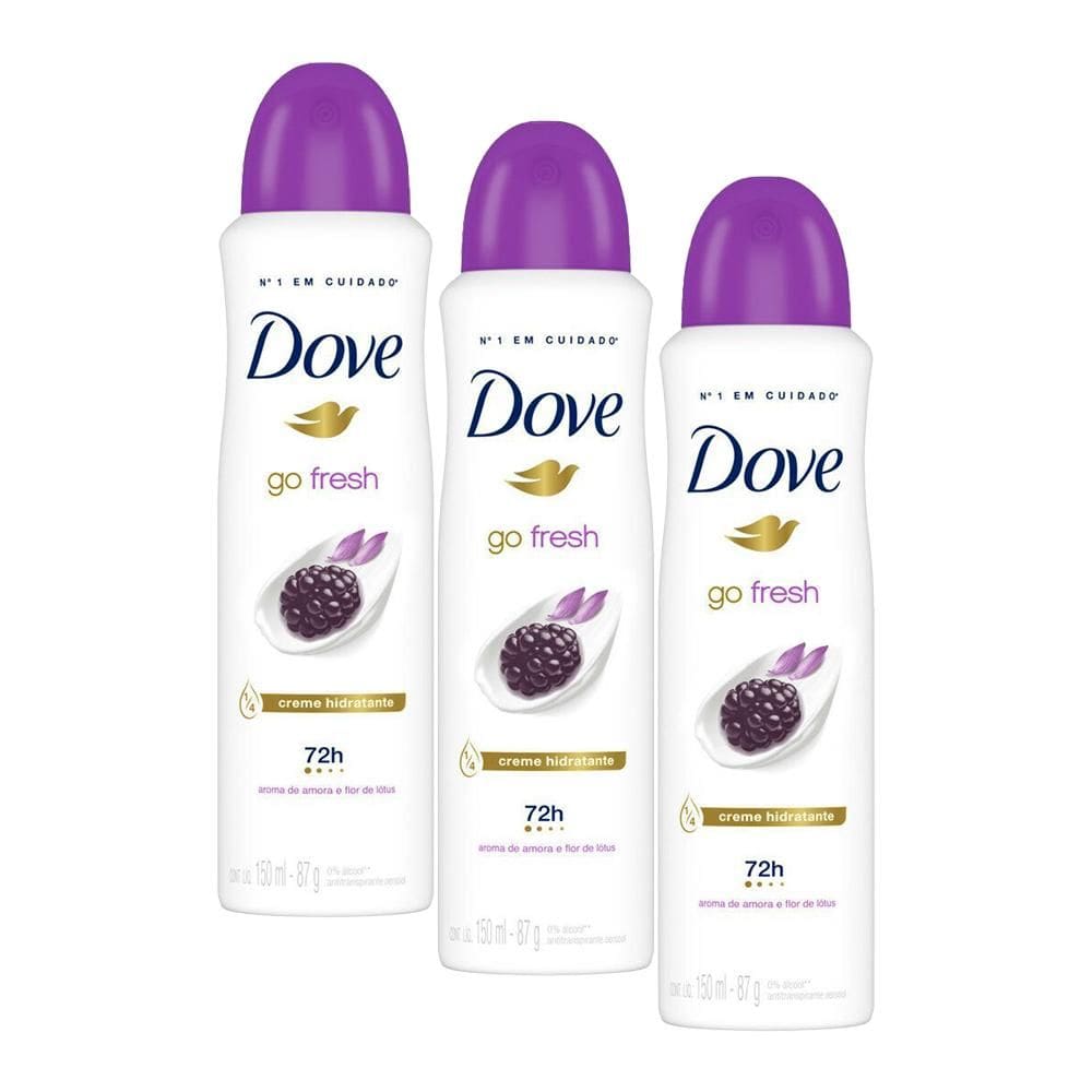 Kit com 3 Desodorantes Antitranspirantes Aerosol Dove Go Fresh Amora e Flor de Lótus 150ml