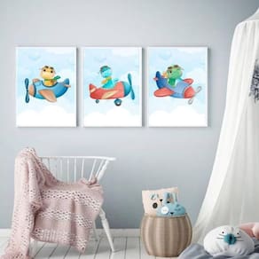 Kit 3 Quadros Dinossaurinhos Avião 45x34cm - Com Vidro
