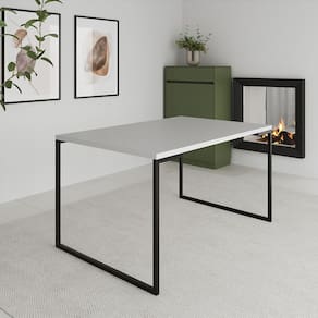 Mesa de Jantar Industrial Aço e Madeira Branca Manchester