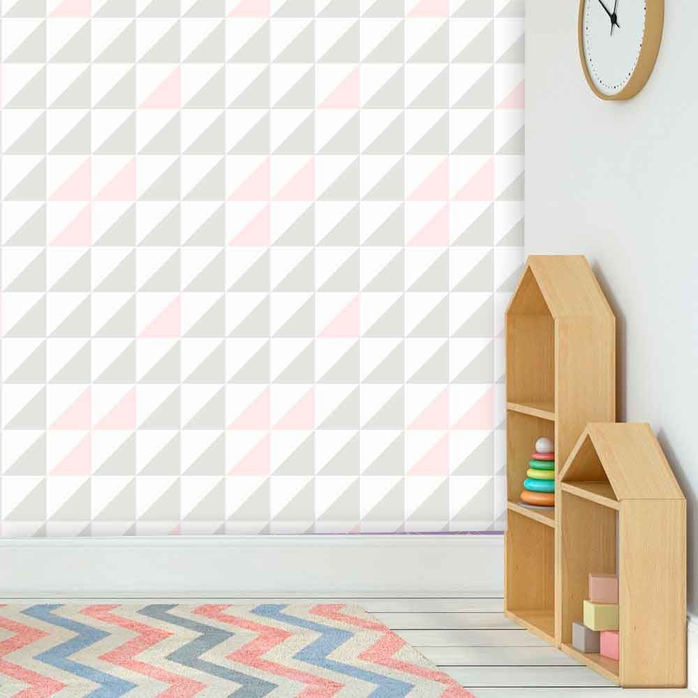 Papel de Parede Auto Adesivo Lavável Quadrado Rosa, Branco