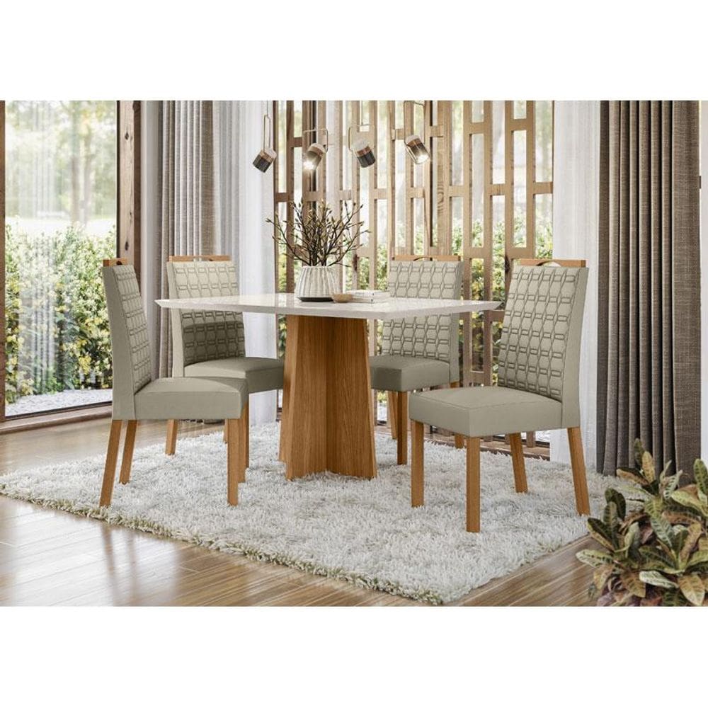Mesa de Jantar Ambiente Anitta 135x90 cm com Vidro Ype Off White e 4 Cadeiras Mariana Veludo Nude - New Ceval