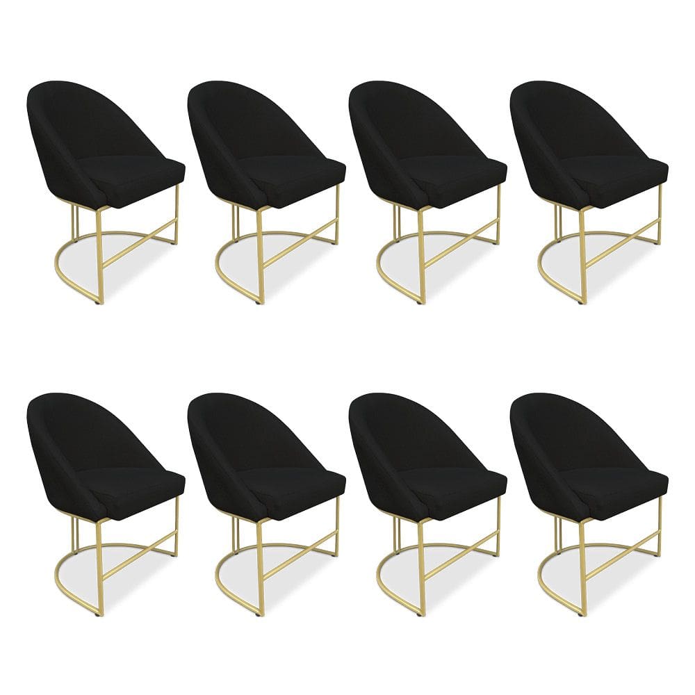 Kit 08 Cadeiras Poltrona de Jantar Bela Suede Preto Base Metálica Industrial Dourado - Pallazio