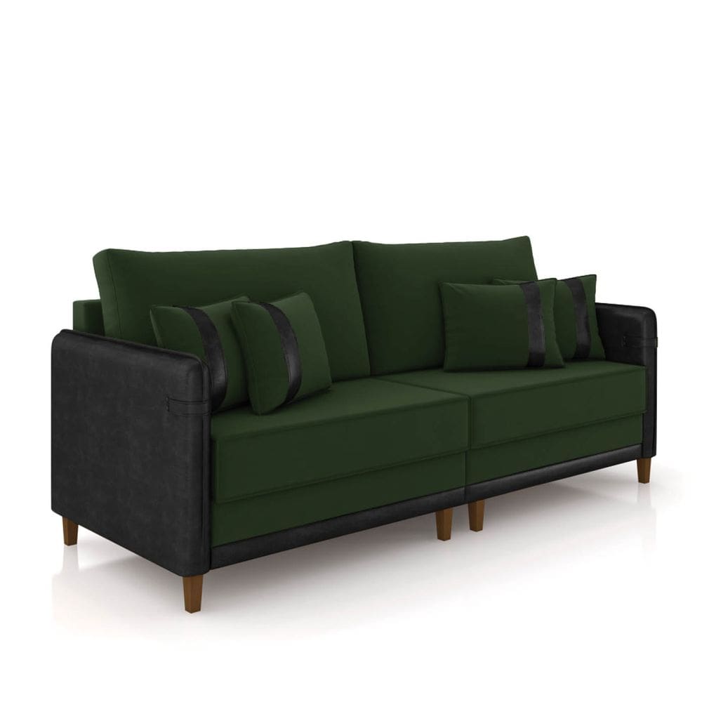 Sofá 3 Lugares Living 192cm Pé Madeira Valença Pto/Veludo Verde K01 - D`Rossi