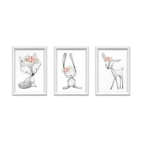 Kit 3 Quadros Decorativos Bichinhos Com Flores 24X34Cm
