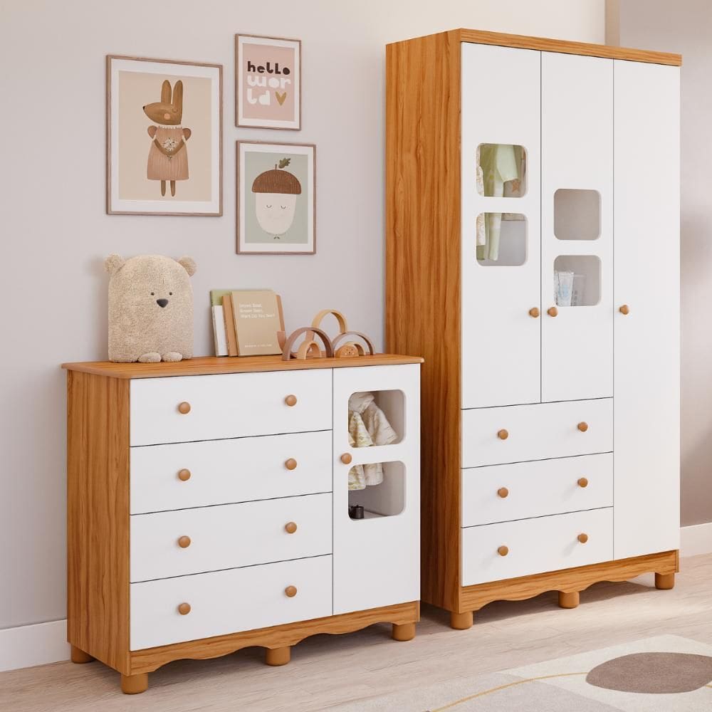 Quarto de Bebê Completo com Guarda Roupa 3 Portas Cômoda Uli 4 Gavetas 100% MDF Móveis Peroba
