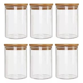 Kit com 6 Potes 200ml Hermético de Vidro Com Tampa De Bambu