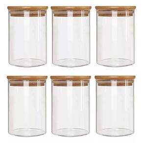 Kit com 6 Potes 450ml Hermético de Vidro Com Tampa De Bambu