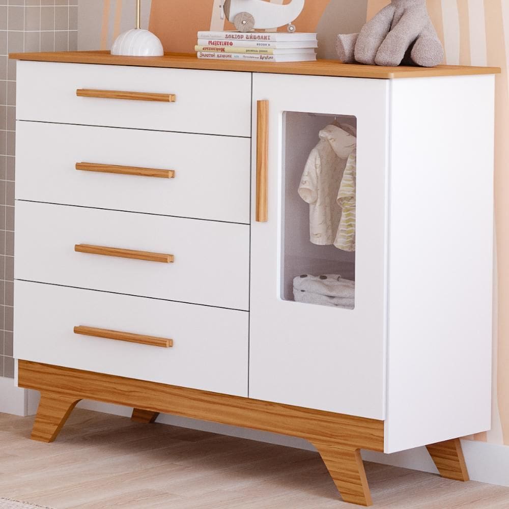 Cômoda Infantil Retro 1 Porta 4 Gavetas 100% MDF Móveis Peroba