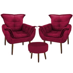 Kit 2 Poltronas Decorativa Parana com Puff Redondo Suede Vermelho