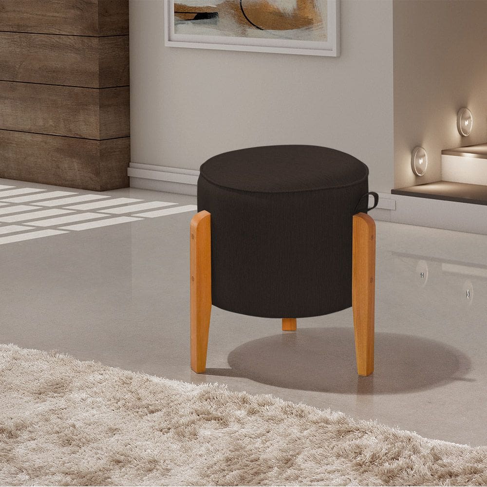 Puff Redondo Pés em Madeira Maciça Pipa Linho Marrom Escuro