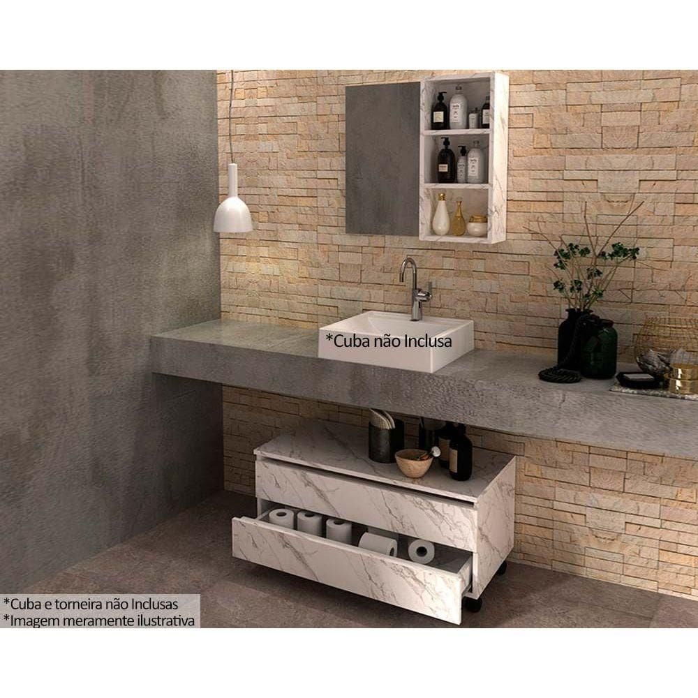 Conjunto de Banheiro Balcão c/ Rodizios BN3603 s/ Cuba 80cm e Armário c/ Espelho BN3609 cor Mármore Branco - Tecno Mobili