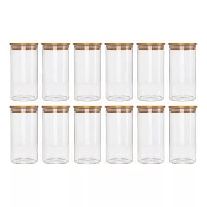 Kit com 12 Potes 200ml Hermético de Vidro Com Tampa De Bambu
