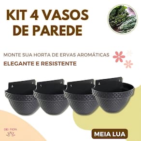 Kit 4 Vasos Parede Meia Lua Herbario Flores Anti-Dengue Plantas Suculentas 3Lts Ervas Aromaticas Preto Resistente