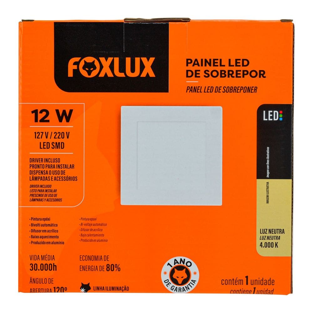 Painel Led Quadrado Sobrepor 12W 4000K Bivolt Foxlux